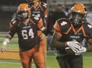 Two men in orange and black uniforms playing football.