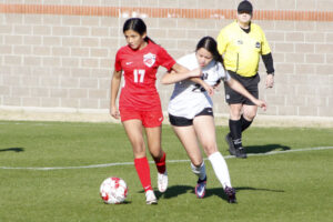 Two girls are playing soccer on a field.