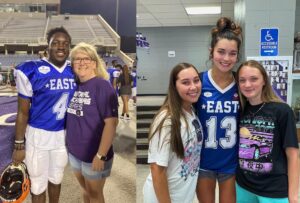 Two photos of people posing for a picture.
