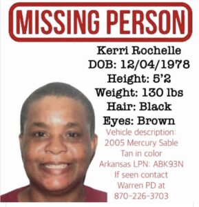 A missing person poster for kerri rochelle.
