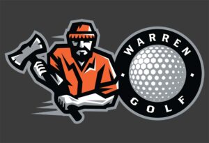 A logo of a man holding a wrench and a golf ball.