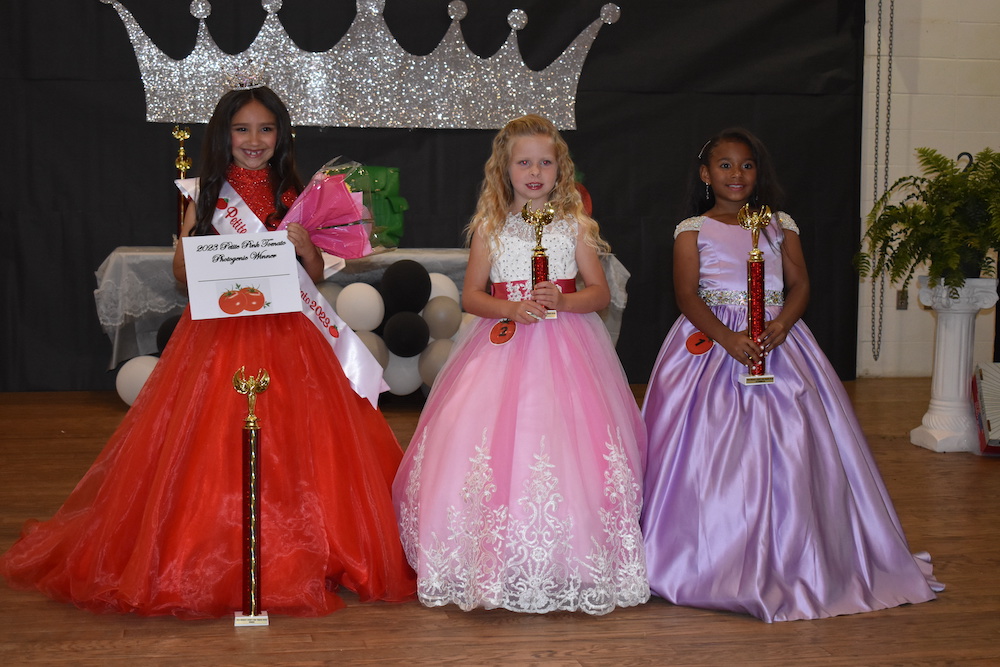 Three girls in fancy dresses on a stage.