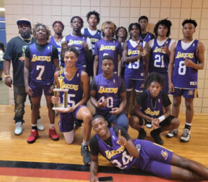 A group of young men in purple jerseys.