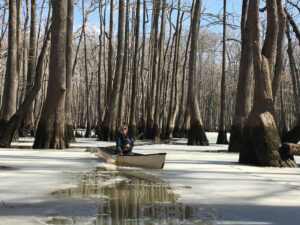 A man in a boat on the water near trees.