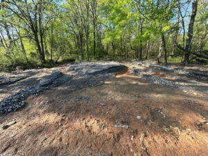 A dirt field with trees in the background