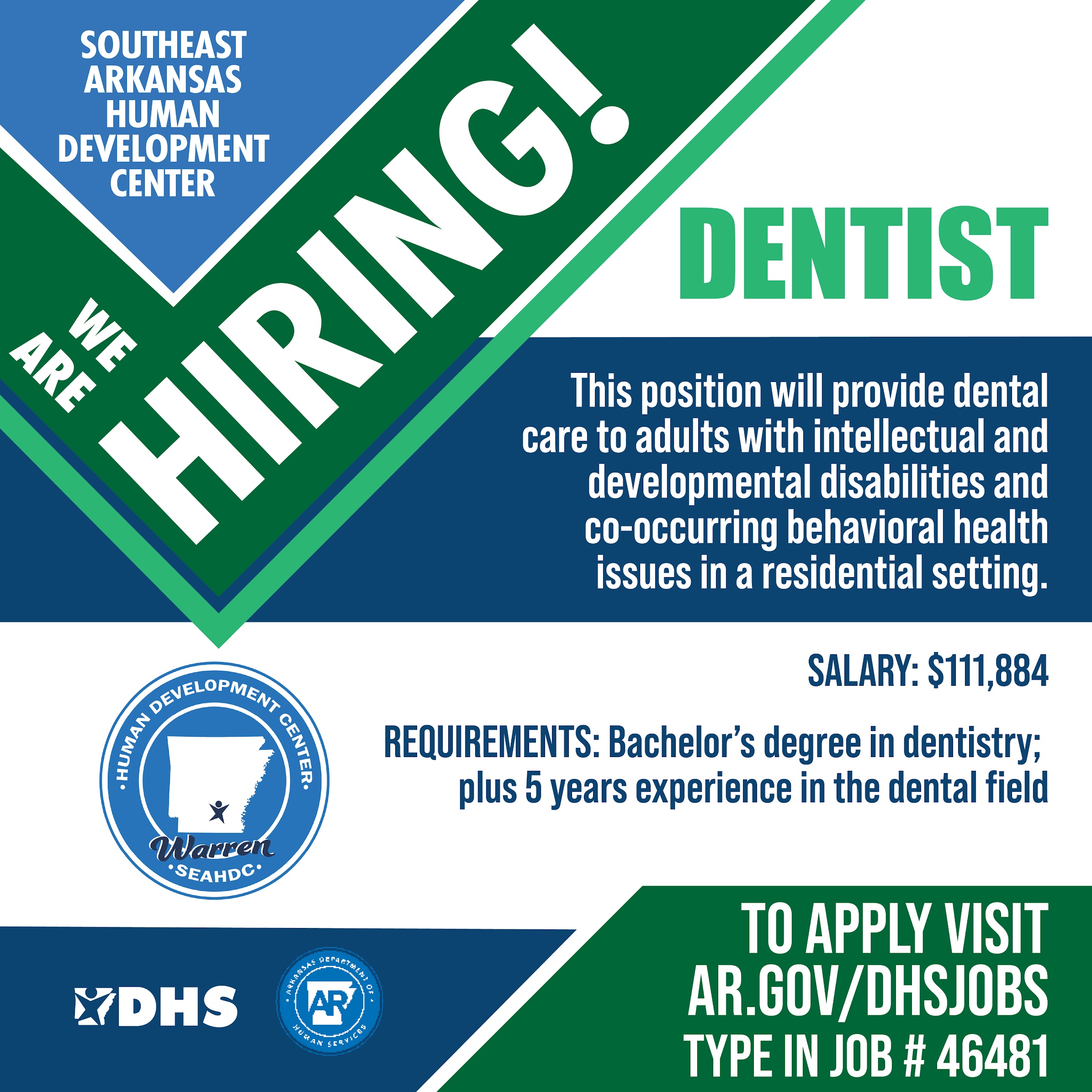 A blue and green graphic with the words " we are hiring !"