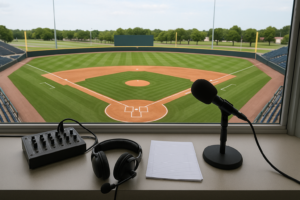 A microphone, headphones and paper are on the table.